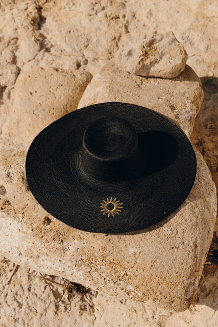 Large Brim Beach Hat with Sun Embroidered Design