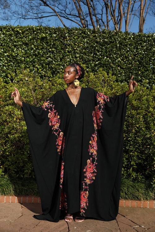 Black Floral Kaftan with Gold Rope Detail | Elegant Resort Cover-Up for Women