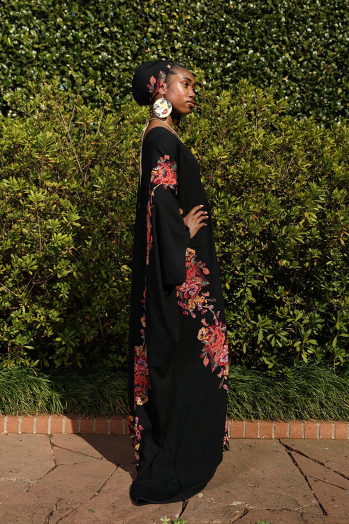 Black Floral Kaftan with Gold Rope Detail | Elegant Resort Cover-Up for Women