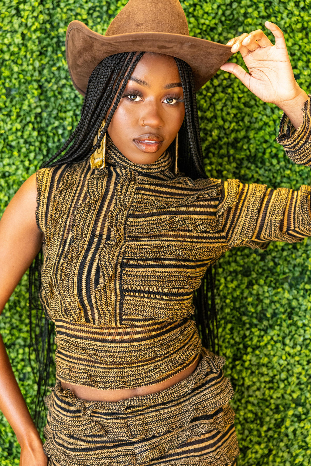 Brown and Black Striped One-Shoulder Pant Set