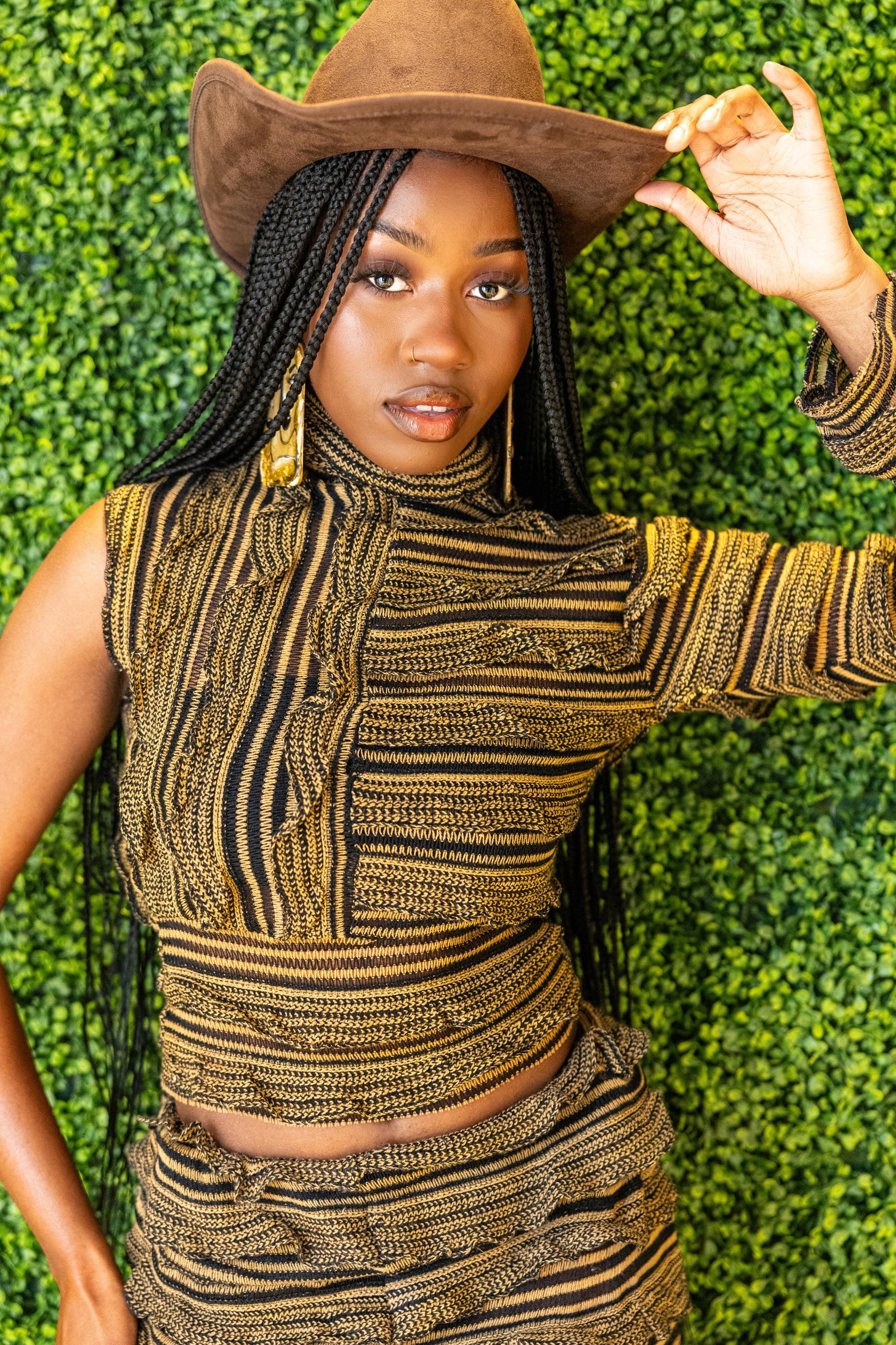 Brown and Black Striped One-Shoulder Pant Set