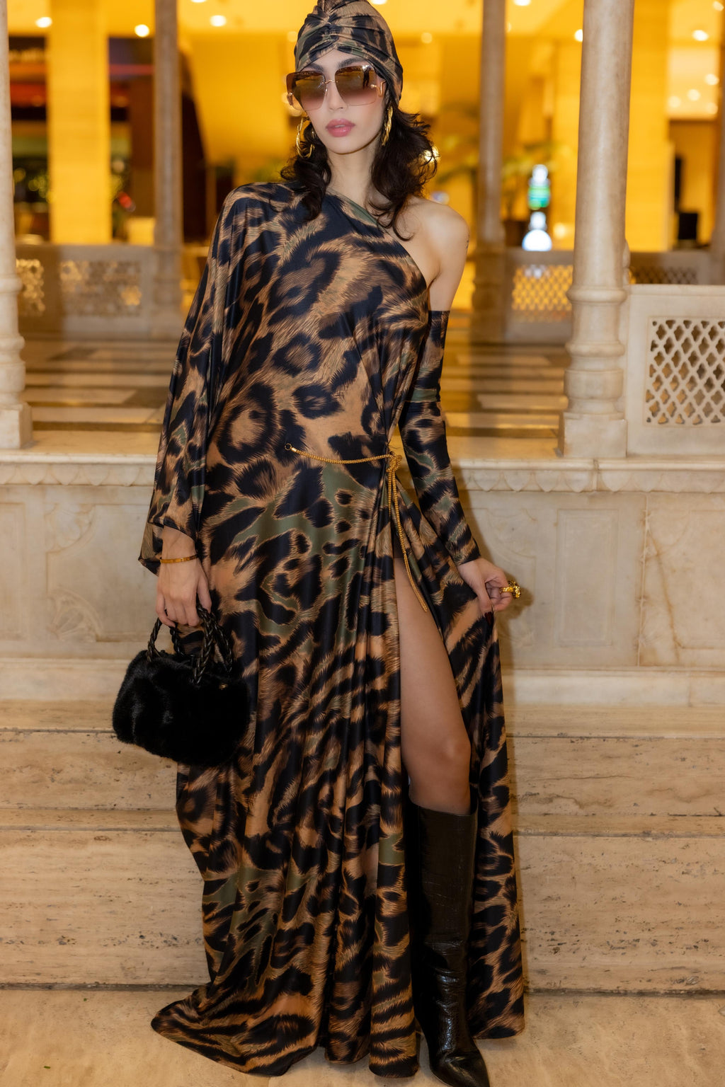 One Shoulder Leopard Gown with Attachable Sleeve