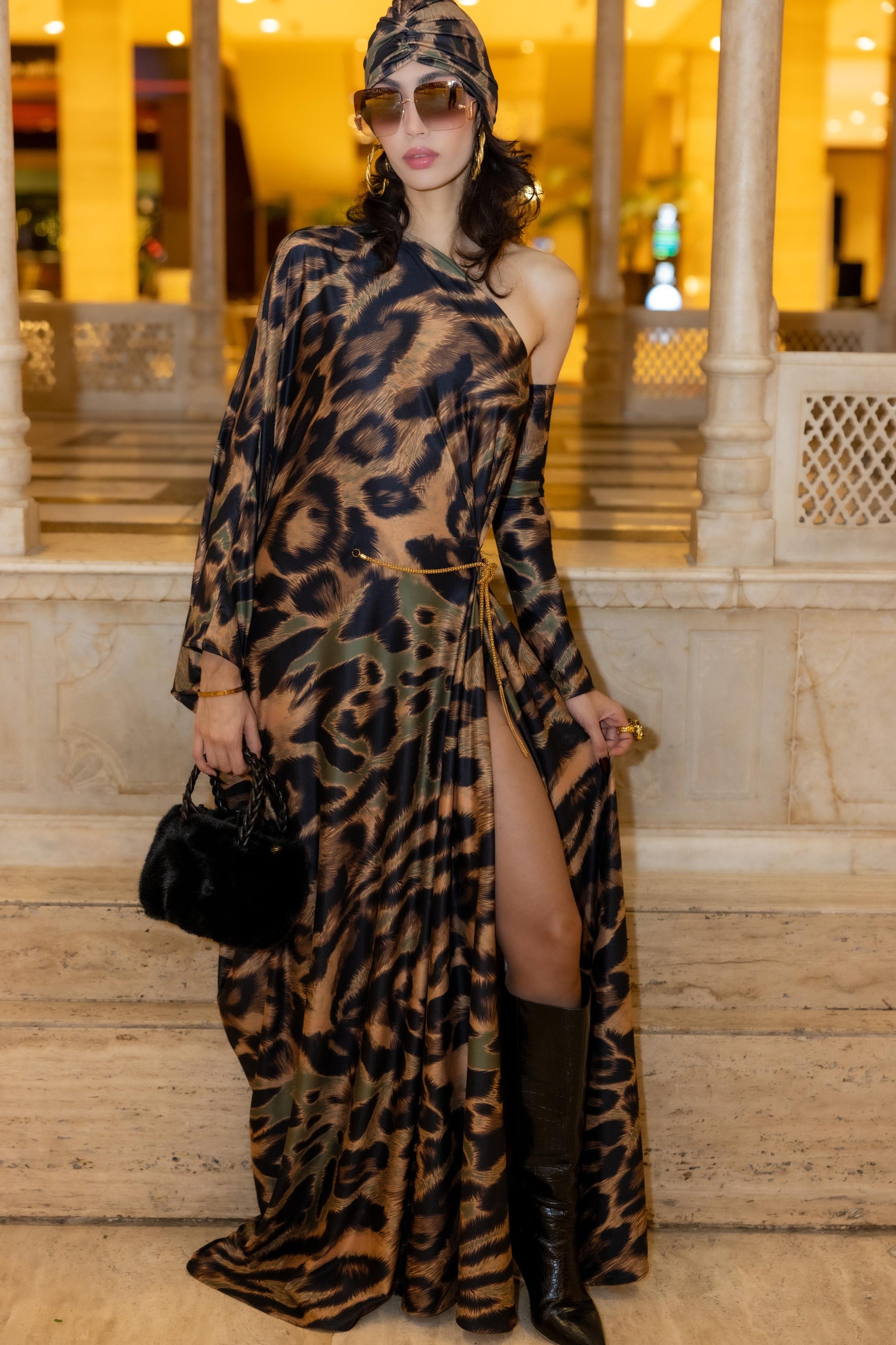 One Shoulder Leopard Gown with Attachable Sleeve