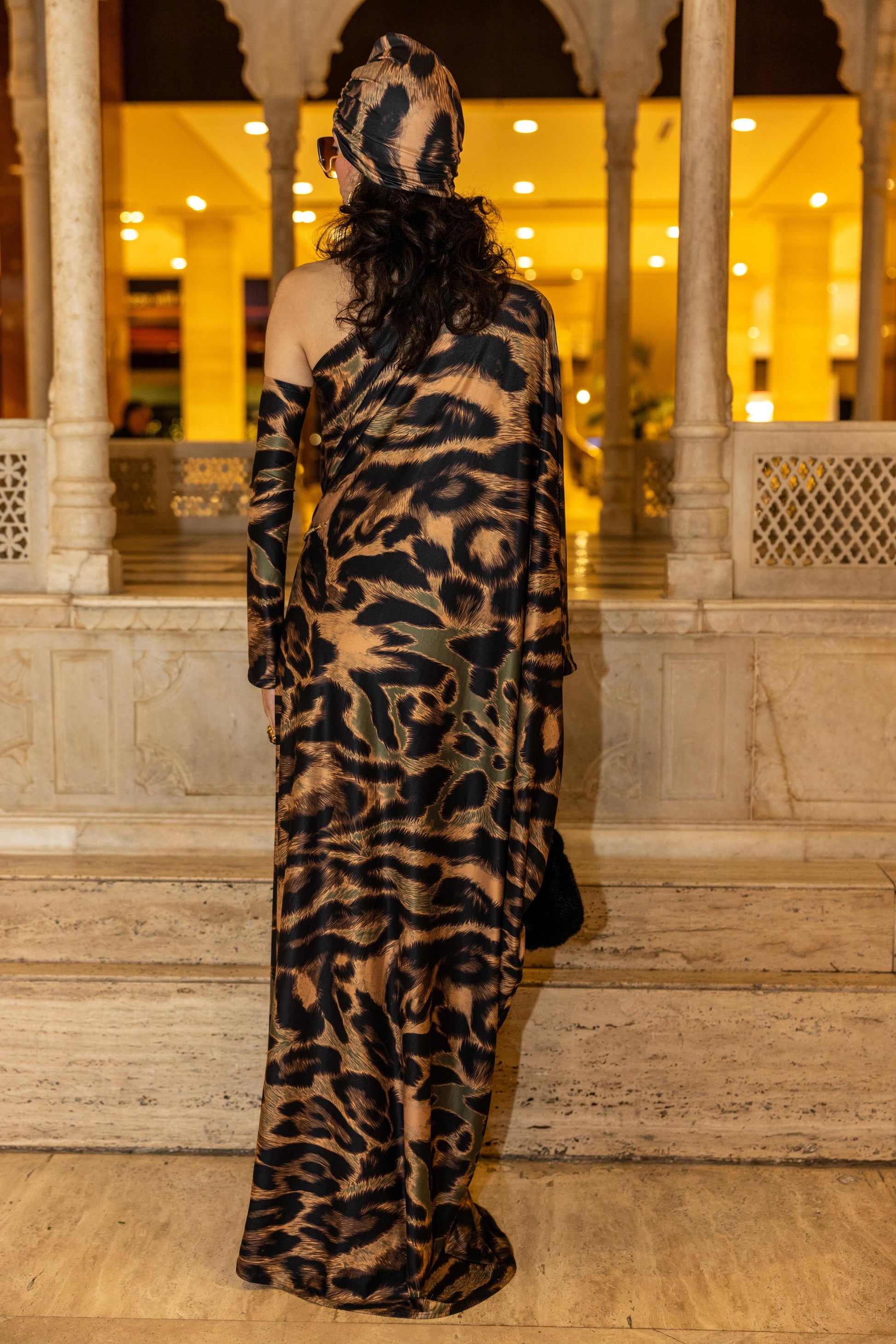One Shoulder Leopard Gown with Attachable Sleeve